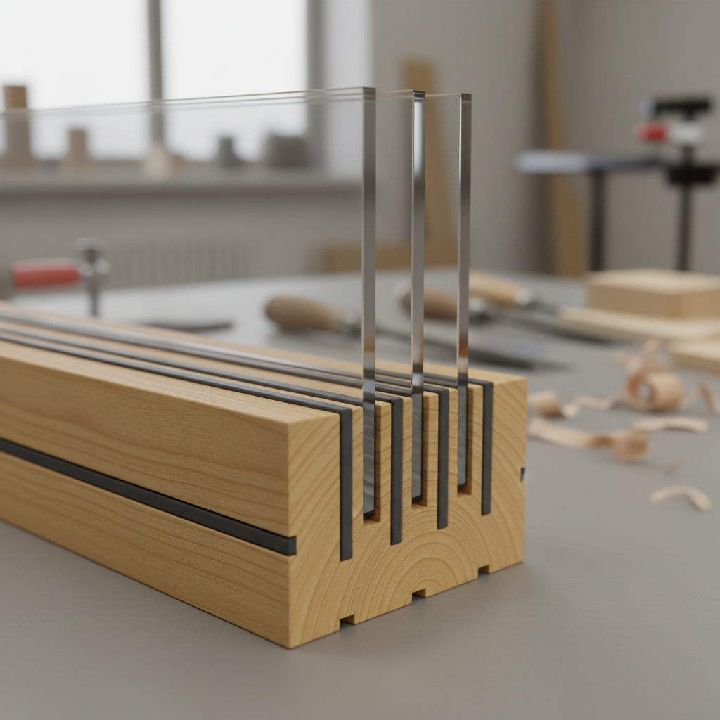 A close-up of a laminated wood window frame corner, revealing three perfectly aligned glass panes seated in a robust, multi-layered timber profile. The rich honey-colored wood shows tight grain and flawless joinery, with the corner joint sharply defined and sealed with a discreet dark gasket. The frame rests on a neutral gray workbench, with softly blurred tools and timber offcuts in the background. Diffused overcast light from a nearby workshop window creates even illumination, accentuating texture without harsh reflections. Captured with a macro lens and shallow depth of field, the image focuses attention on precision, stability, and lifetime durability in a clean, professional, photographic style.