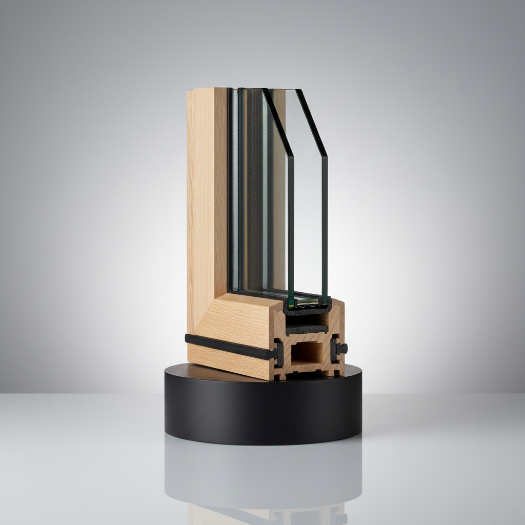 A cross-section sample of laminated timber window profile standing upright on a dark matte pedestal, like a product in an exhibition. The cut reveals multiple bonded layers of high-quality wood, thermal insulation chambers, and a triple-glazed unit with precise gaskets. Each material’s texture is clearly visible: the smooth pale wood, the dark rubber seals, and the clean glass edges. A seamless light-gray backdrop and reflective floor emphasize the sample’s geometry. Controlled studio lighting from both sides creates crisp highlights on the glass and gentle shadows in the profile cavities. Captured in close-up with a centered, symmetrical composition and high resolution detail, the mood is technical, premium, and authoritative, in a clean, modern, photographic product style.