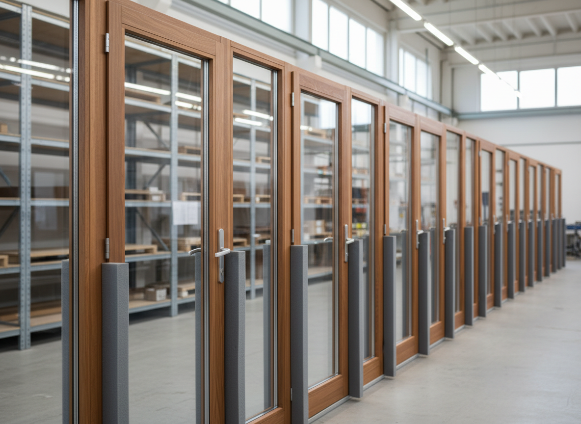 A series of custom wooden balcony doors in laminated timber, fully assembled and lined up in a production hall. Each door has large, clear glass panels and slim, perfectly straight frames in a warm walnut finish, with high-quality metal hinges and handles resting on protective padding. The concrete floor and tall industrial shelves recede into a soft blur, emphasizing the doors as the hero subject. Overhead LED workshop lighting mixes with gentle daylight from high windows, creating crisp, consistent illumination and subtle reflections on the glass. Photographed from a slightly elevated angle with strong depth of field across the front row, the atmosphere is orderly, efficient, and distinctly professional, in a realistic photographic style.
