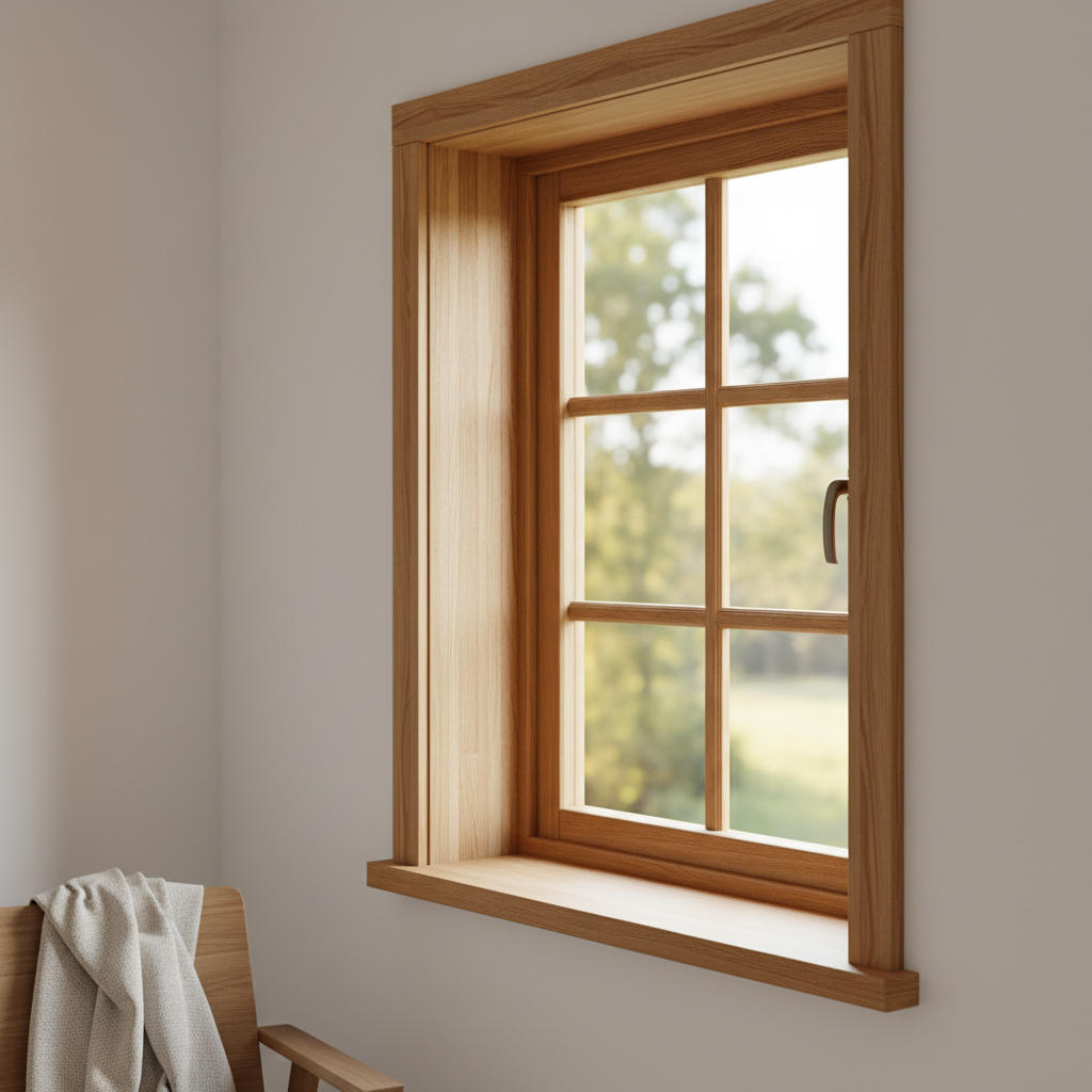A detailed interior view of a traditional-style laminated wood window installed in a cozy, modern room. The window frame features layered pine with a warm, natural varnish, finely milled profiles, and perfectly aligned corners. It is set within a smooth white wall above a light oak sill, with a glimpse of green trees softly blurred outside. Morning daylight streams through, illuminating the wood’s texture and creating delicate shadows in the joints and around the handle. Shot from a three-quarter angle at eye level, with moderate depth of field, the composition balances the window with a minimalist fragment of interior wall, conveying comfort, insulation, and long-term reliability in a clean, photographic realism style.