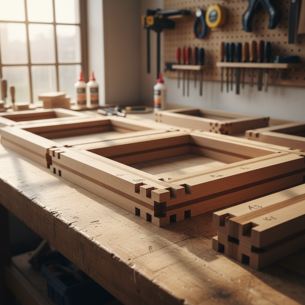 An artisan wooden workshop bench neatly arranged with sections of laminated timber frames in various stages of assembly. Precise finger joints, dowel holes, and tenons are visible along the edges of the warm beech and oak pieces, each labeled and aligned. The bench surface shows fine saw marks and pencil guidelines, emphasizing craftsmanship. Soft side light from a large workshop window casts linear shadows, revealing the depth of each joint and the layers of the laminated wood. Photographed from a slightly elevated perspective with a shallow depth of field, the focus is on a central frame corner, while background clamps, glue bottles, and measuring tools blur softly. The atmosphere is meticulous, skilled, and professional, in a realistic documentary photographic style.
